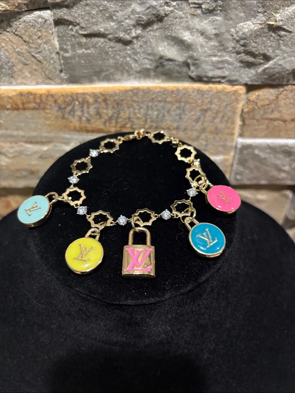 Gold Charm Bracelet with Pink, Blue, Yellow & Lime LV charms - Picture 1 of 5